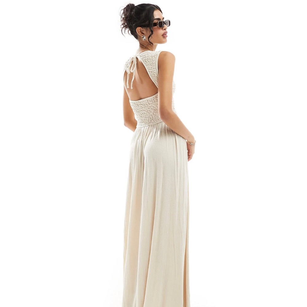 ASOS DESIGN crinkle shirred bodice maxi dress with open back in stone